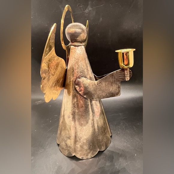 Christmas Brass Angel Holding Tapered Candlestick Holder Vintage Made Hong Kong - Picture 8 of 16
